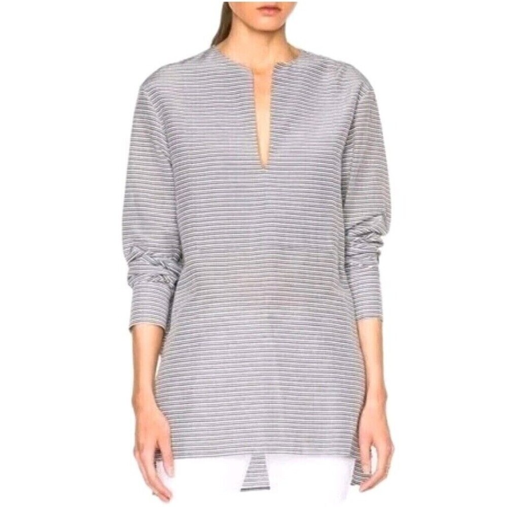 Jenni Kayne Black White Striped Tunic Bib Top Size Large Minimalist Split V-Neck